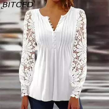 BITCED Весенняя мода женская кружевная кружевная рукава плиссированная однотонная футболка на пуговицах нижняя часть рубашки S белый