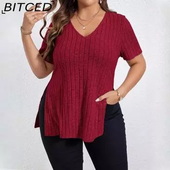 BITCED Весна и лето Однотонные женские топы больших размеров с V-образным вырезом и короткими рукавами с разрезом в полоску, футболка-пуловер XL чёрный