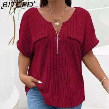 BITCED Весна и лето Однотонные женские топы больших размеров на молнии с короткими рукавами и ложными карманами Свободная футболка XL чёрный