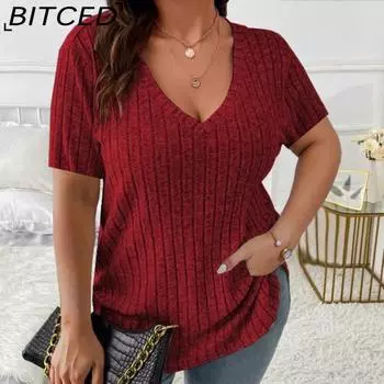 BITCED Весна и лето Однотонный женский элегантный топ больших размеров с V-образным вырезом и короткими рукавами в полоску, футболка-пуловер XL чёрный