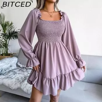 BITCED Весна и лето в Европе, США и США Расклешенное платье с квадратным вырезом, длинными рукавами и оборками, большое свободное платье S бордовый