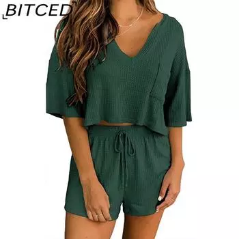 BITCED Весна и лето Женский топ с короткими рукавами и V-образным вырезом, шорты, домашний костюм из двух частей S розовый
