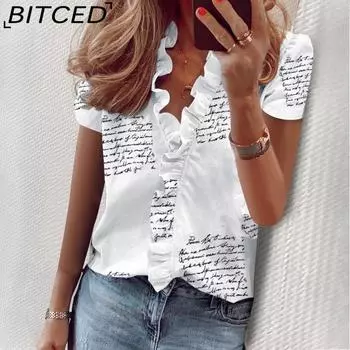 BITCED Весна-Лето Блузка с коротким рукавом и оборками Женская рубашка S белый