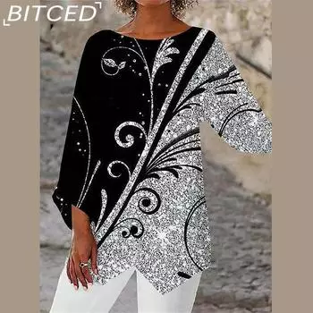 BITCED Весна-лето Геометрический принт с длинным рукавом Лоскутная рубашка с круглым вырезом S