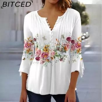 BITCED Весна/лето Модная женская футболка с цветочным принтом, V-образным вырезом, коротким рукавом, плиссированная, на пуговицах S белый