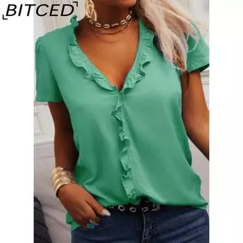 BITCED Весна/Лето Однотонная блузка с оборками для женщин Топы Рубашка с коротким рукавом S белый