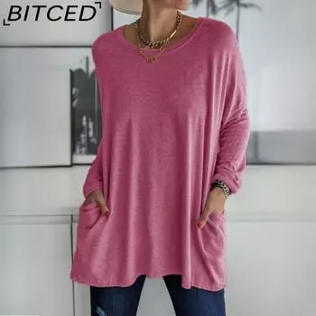 BITCED Весна-Лето Повседневная женская футболка с круглым вырезом и длинным рукавом Свободные карманы Однотонная футболка S чёрный