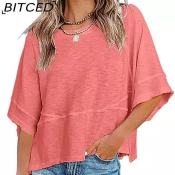 BITCED Весна-лето Женская Лоскутная Однотонная Цветная Расклешенная Рукава Повседневная Свободная Футболка Топ S чёрный