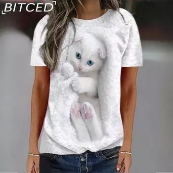 BITCED Весна-лето Женская свободная толстовка с коротким рукавом и круглым вырезом с принтом животных S белый