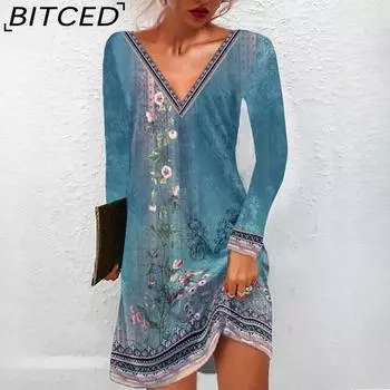 BITCED Весна/Лето Женские Новые Названия Стиль Печатный Повседневные Платья V-образный вырез Длинные Рукава S зелёный