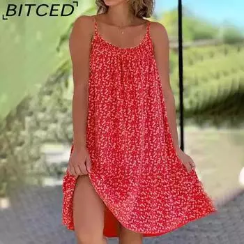 BITCED Весна-лето Женские платья без рукавов с бретелью через шею в горошек Свободные двусторонние платья с принтом S розы красного