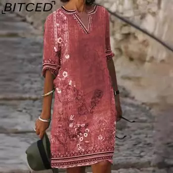 BITCED Весна/Лето Женские Повседневные Платья С V-образным Вырезом С Набивным Рисунком S зелёный
