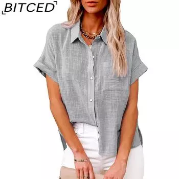 BITCED Весна Лето Женские Топы Повседневный Стиль Хлопок Карман Короткий Рукав Рубашка Футболка S белый