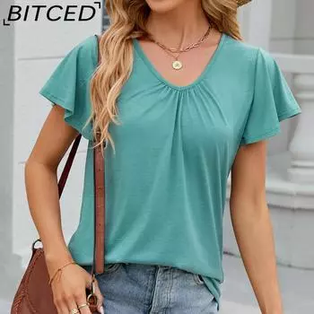 BITCED, весенне-летняя женская однотонная свободная футболка с v-образным вырезом и короткими рукавами, топ для женщин