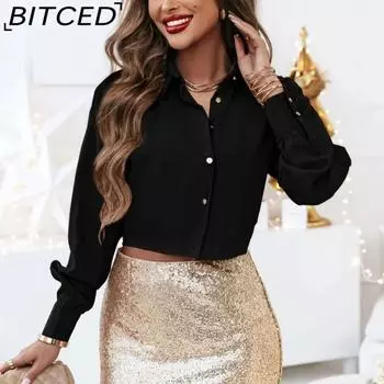 BITCED Женская осенняя рубашка с длинным рукавом, простая однотонная, с V-образным вырезом S чёрный