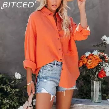 BITCED Женская осенняя простая рубашка с длинным рукавом и V-образным вырезом на пуговицах из хлопка и льна S белый