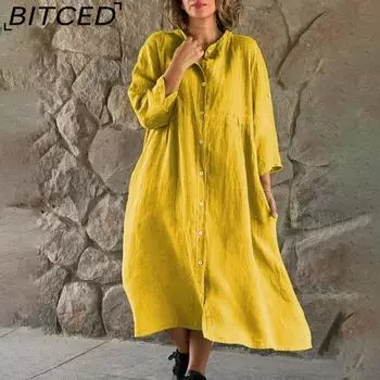 BITCED Женское хлопковое льняное однотонное повседневное длинное платье с воротником-стойкой на пуговицах S зелёный