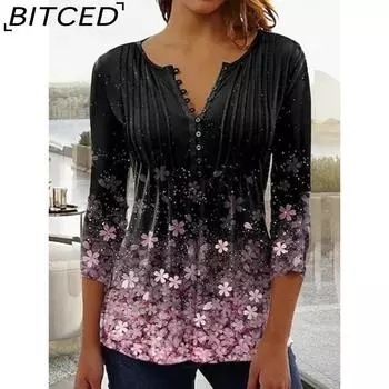 BITCED Women s Fashion Casual Spring Autumn Floral Print 3/4 Sleeve V-Neck Blouses & Shirts S
