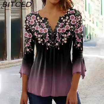 BITCED Women s Fashion Casual Spring Autumn 3/4 Sleeve V-Neck Blouses & Shirts S