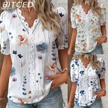 BITCED Women s Fashion Casual Summer Solid Color Print Short Sleeve V-Neck Blouses & Shirts