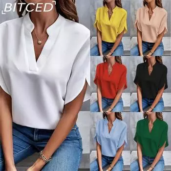 BITCED Женская мода повседневный летний однотонный топ с коротким рукавом и V-образным вырезом и рубашка S чёрный