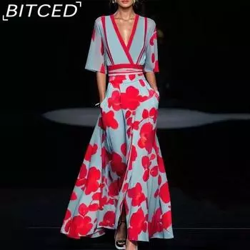 BITCED Women s Printed Shrink Waistband Temperament Commuter Dresses S красный