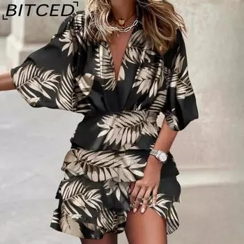 BITCED Женские платья весна-лето с рукавами «летучая мышь» и короткими рукавами, V-образным вырезом и нестандартным подолом S разноцветный