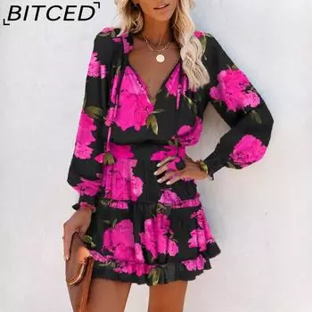 BITCED Женские платья весна/лето с длинным рукавом и V-образным вырезом, модные с принтом на талии S хаки