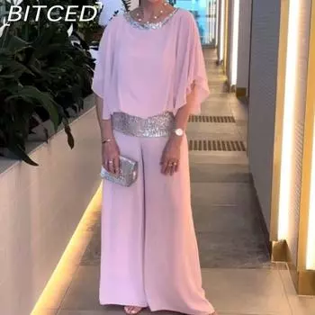 BITCED женский костюм с круглым вырезом, блестками, цветными блоками, летучая мышь, широкие брюки, комплект S розовый