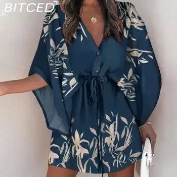 BITCED Женские летние повседневные курортные платья с рукавами «летучая мышь» и V-образным вырезом на шнуровке S чёрный