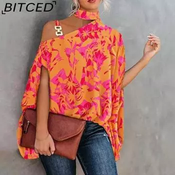 BITCED Women s Summer Hanging Neck Bat Sleeve Printed Shirt Ladies Blouse