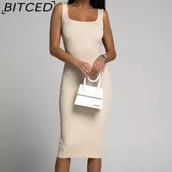 BITCED Женские летние простые однотонные платья без рукавов с U-образным вырезом и полосками на бедрах S белый