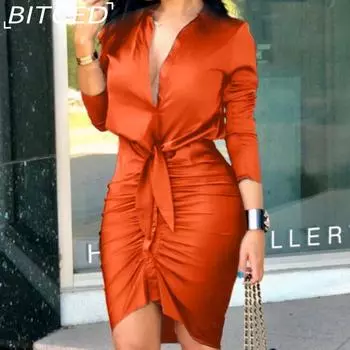 BITCED Женские летние однотонные платья-рубашки с V-образным вырезом и завязкой, с длинным рукавом и средней длиной S красный