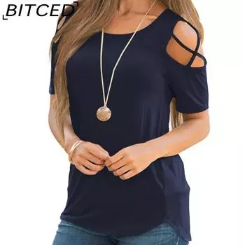BITCED Women s T-shirt Women s Pullover Off-the-shoulder Loose Solid Color Loose Women s T-shirt S чёрный