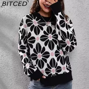 BITCED Жаккардовый свитер с цветочными манжетами для женщин, свободный трикотаж соответствующего цвета с длинными рукавами для весны и осени для женщин S