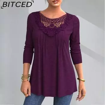 BITCED Женская футболка большого размера с длинными рукавами и кружевом на осень S зелёный