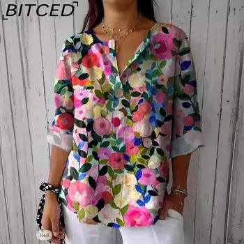 BITCED Женская футболка на пуговицах с V-образным вырезом, весна-осень, повседневная S