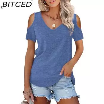 BITCED Женская футболка, женский пуловер, повседневная тонкая свободная однотонная женская футболка с открытыми плечами S чёрный