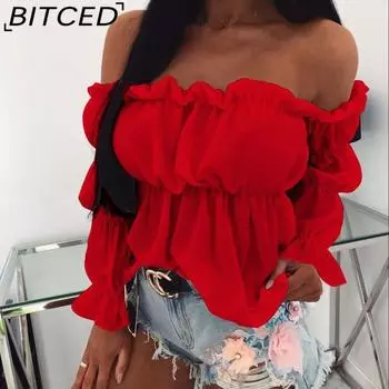 BITCED женская летняя однотонная блузка с одним вырезом и длинным рукавом с сексуальной талией и баской S белый