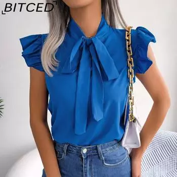 BITCED женская летняя однотонная простая блузка с коротким рукавом и бантом для женщин S синий