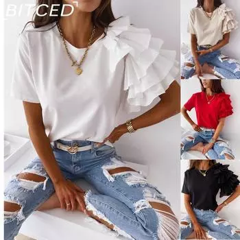 BITCED Женская летняя простая модная футболка с коротким рукавом и круглым вырезом с рюшами S чёрный