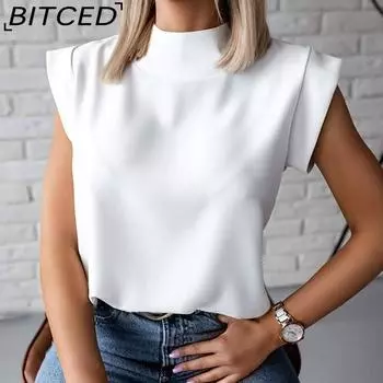 BITCED женская летняя простая женская блузка с воротником-стойкой и принтом в виде губ, топ S чёрный