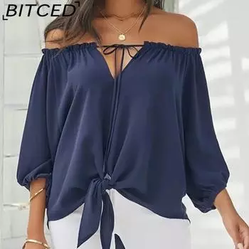 BITCED Женская летняя рубашка-блузка с одним воротником и завязкой S темно-синий