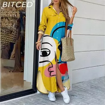 BITCED Женская мода Длинные рукава Принтованные платья-рубашки Длинные платья S белый