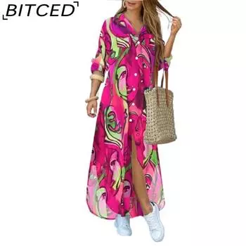 BITCED Женская мода Длинные рукава Принтованные платья-рубашки Длинные платья S