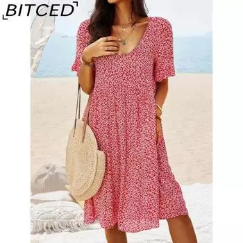 BITCED Женская мода лето весна цветочный принт короткий рукав U-образный вырез повседневные платья S жёлтый