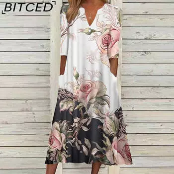 BITCED Женская мода лето весна цветочный принт повседневные платья 2/1 рукав V-образный вырез S