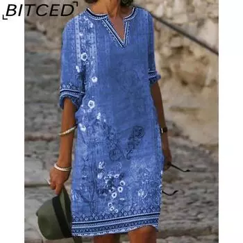 BITCED Женская мода лето весна цветочный принт повседневные платья 2/1 рукав V-образный вырез S зелёный