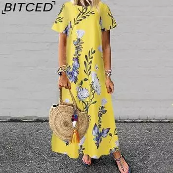 BITCED Женская мода лето весна цветочный принт короткий рукав О-образный вырез повседневные платья S белый
