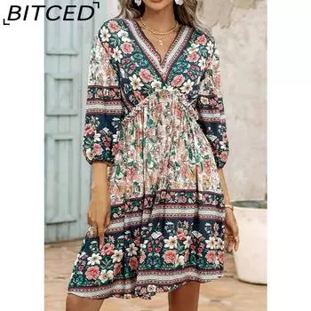 BITCED Женская мода лето весна цветочный принт короткий рукав V-образный вырез повседневные платья S оранжевый